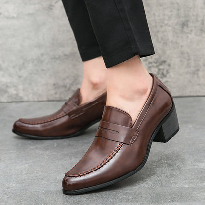 Men's Slip-On Design Loafers with Block Heel and Hand-Stitched Seams