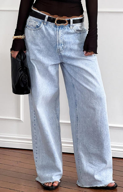Women's Boyfriend Jeans Wide Leg Mid Rise Raw Hem – Denim Style
