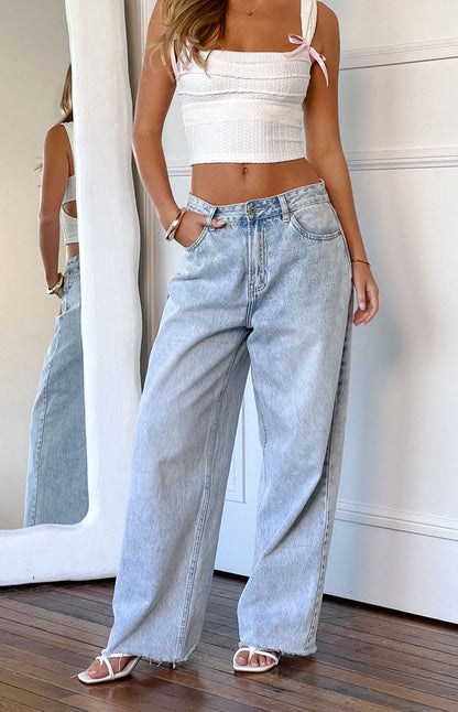 Women's Boyfriend Jeans Wide Leg Mid Rise Raw Hem – Denim Style
