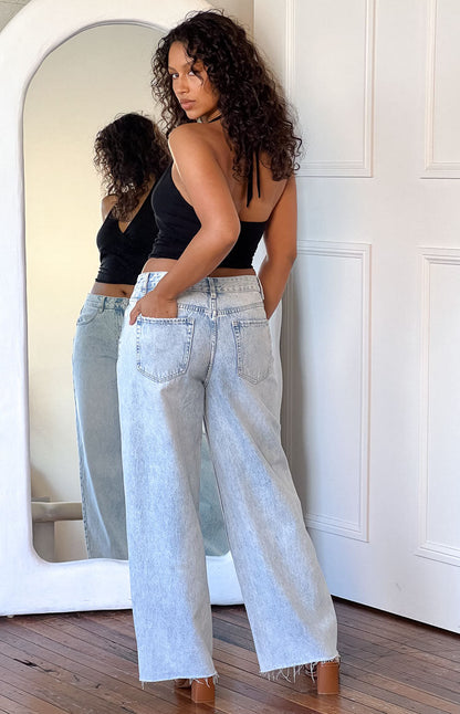 Women's Boyfriend Jeans Wide Leg Mid Rise Raw Hem – Denim Style