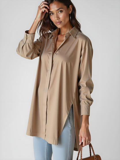 Women's Oversized Shirt Dress with Notched Collar, Front Buttons, Side Slit – Cotton Style