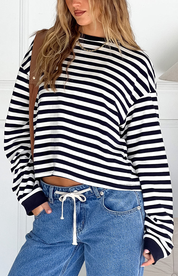 Maglia a Maniche Lunghe da Donna con Righe Blu Navy Vestibilità Ampia
