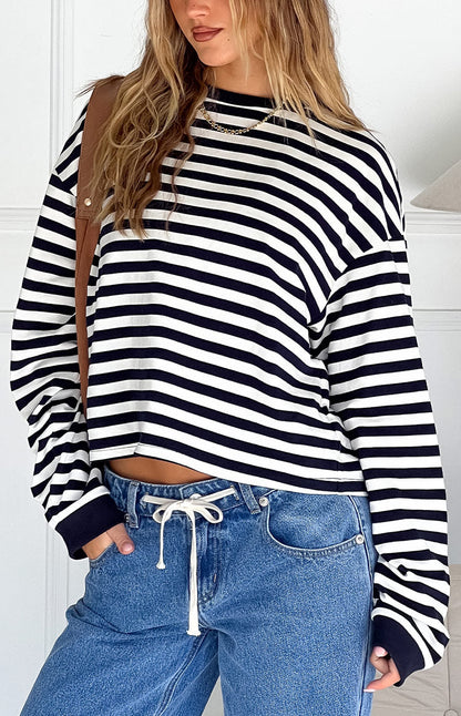 Maglia a Maniche Lunghe da Donna con Righe Blu Navy Vestibilità Ampia