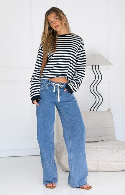 Maglia a Maniche Lunghe da Donna con Righe Blu Navy Vestibilità Ampia