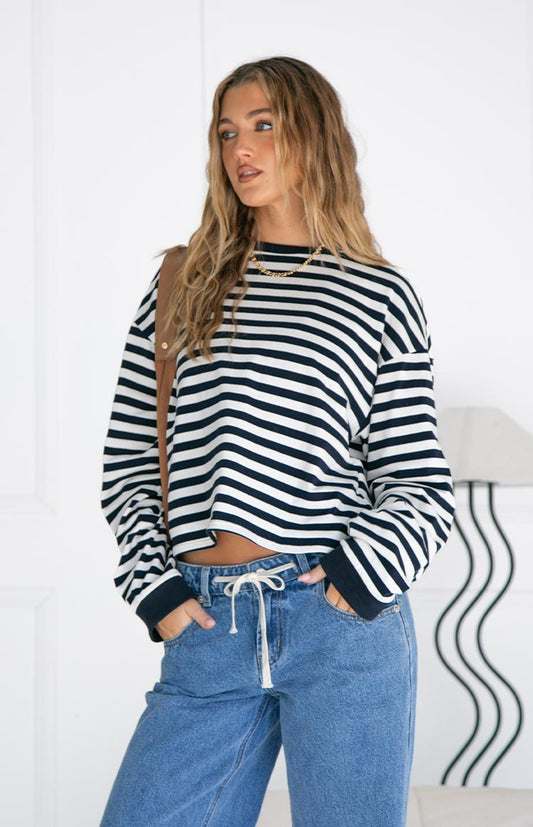 Women's Long Sleeve Navy Blue Striped Loose Fit Shirt