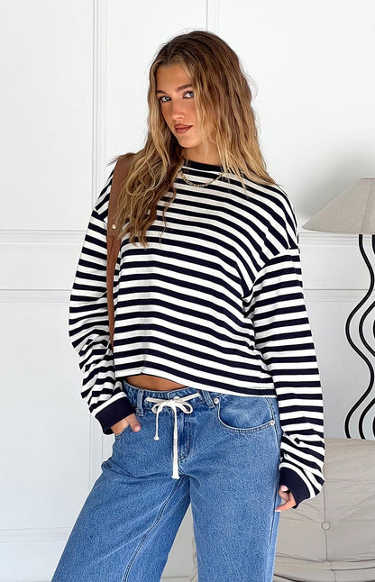 Maglia a Maniche Lunghe da Donna con Righe Blu Navy Vestibilità Ampia