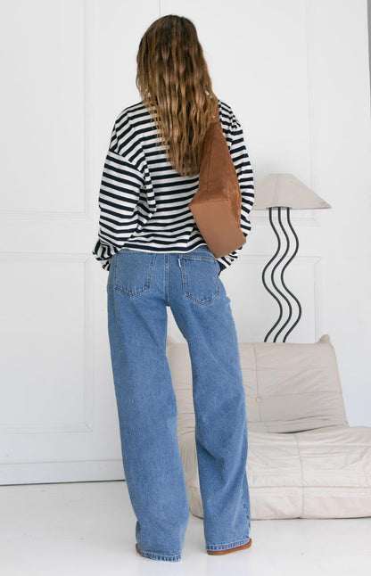 Maglia a Maniche Lunghe da Donna con Righe Blu Navy Vestibilità Ampia