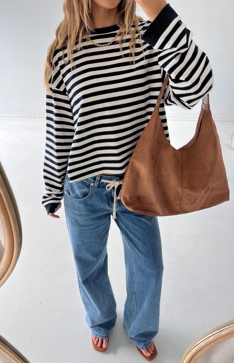Maglia a Maniche Lunghe da Donna con Righe Blu Navy Vestibilità Ampia