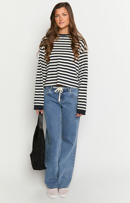 Maglia a Maniche Lunghe da Donna con Righe Blu Navy Vestibilità Ampia
