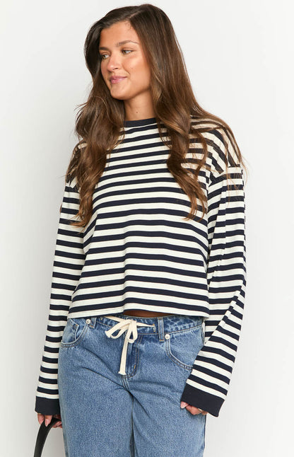 Maglia a Maniche Lunghe da Donna con Righe Blu Navy Vestibilità Ampia