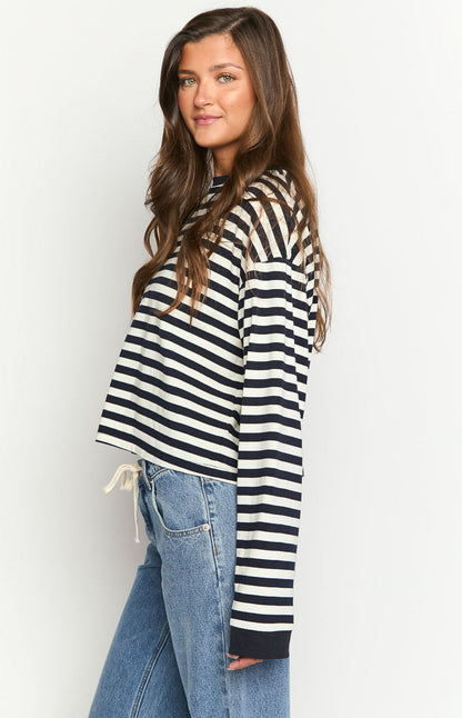 Maglia a Maniche Lunghe da Donna con Righe Blu Navy Vestibilità Ampia