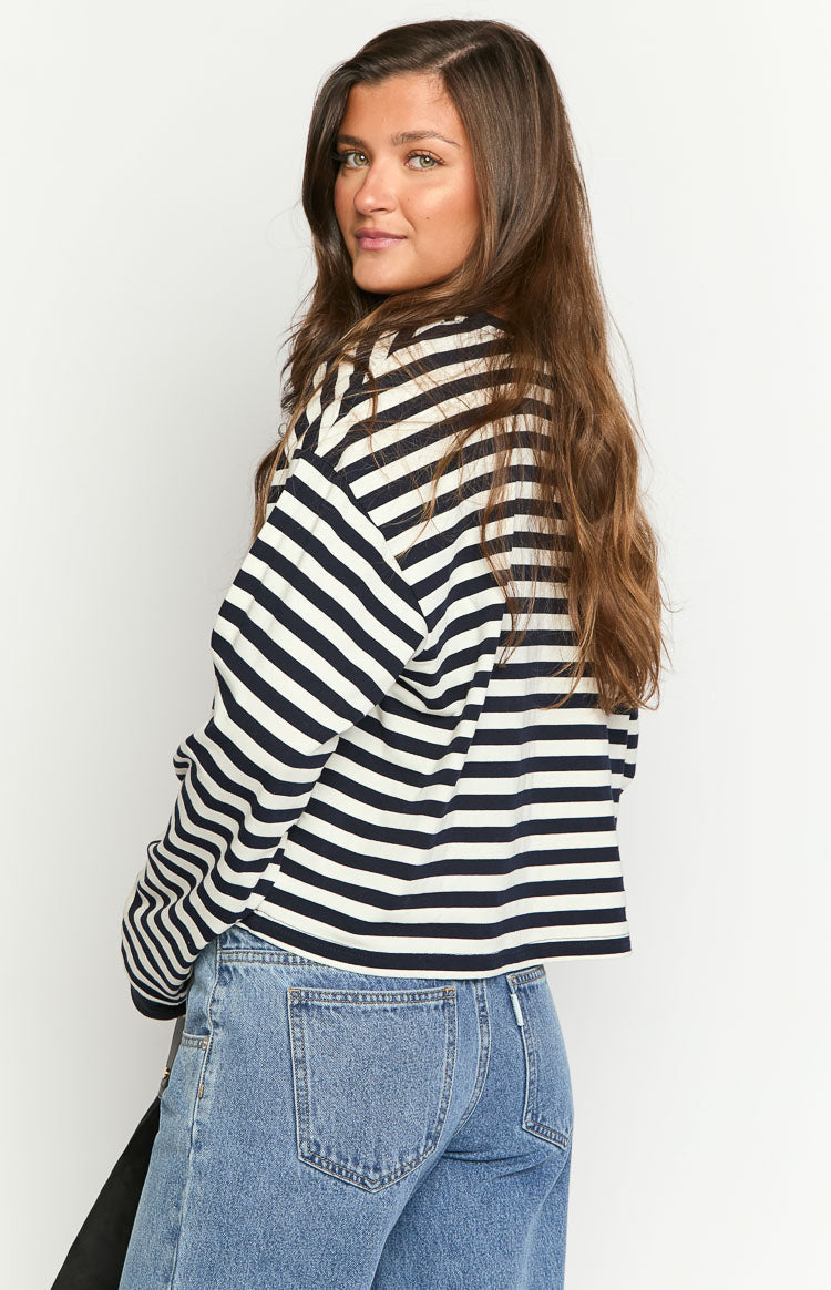 Maglia a Maniche Lunghe da Donna con Righe Blu Navy Vestibilità Ampia