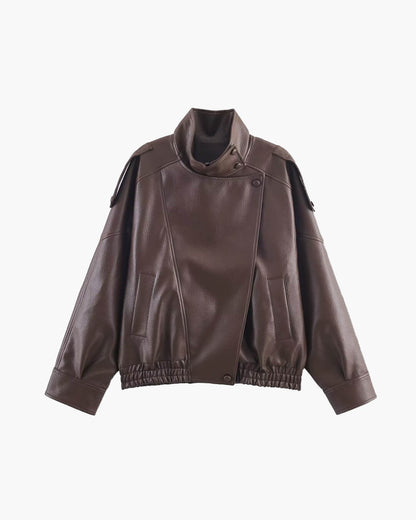 Women's Winter Biker Jacket with Zip and Fitted Cut – Leather Effect