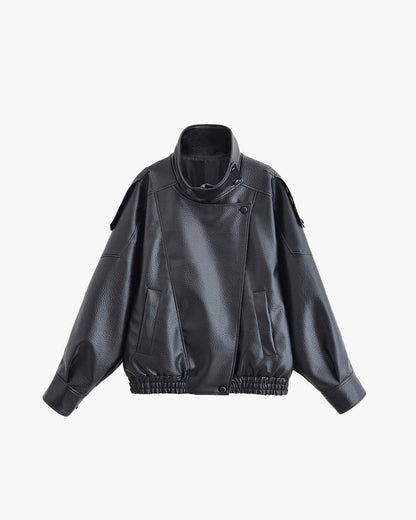 Women's Winter Biker Jacket with Zip and Fitted Cut – Leather Effect