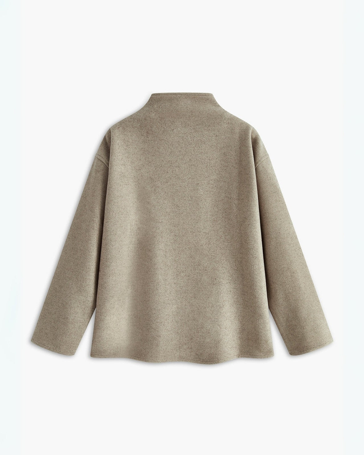 Giacca beige in lana, vista posteriore, design minimalista, maniche lunghe, taglio dritto, moda autunno inverno, abbigliamento elegante casual.