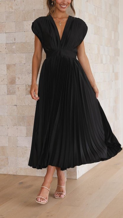Women's Pleated Dress with Draped V-Neck and Flared High-Waist Skirt