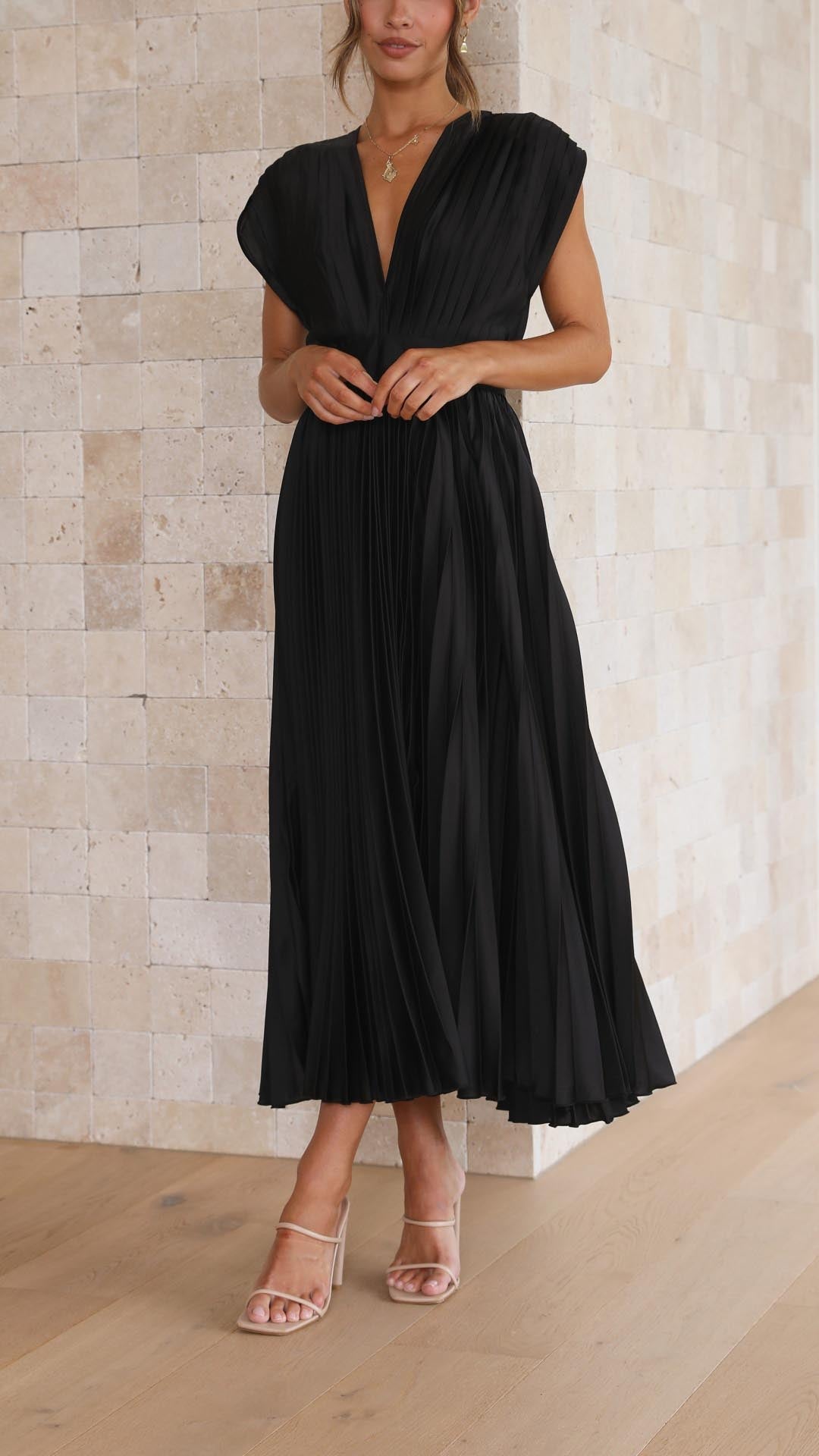 Women's Pleated Dress with Draped V-Neck and Flared High-Waist Skirt