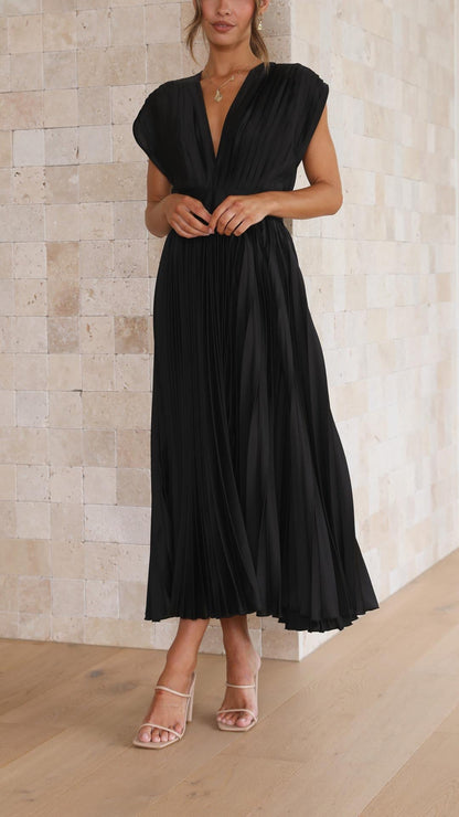 Women's Pleated Dress with Draped V-Neck and Flared High-Waist Skirt