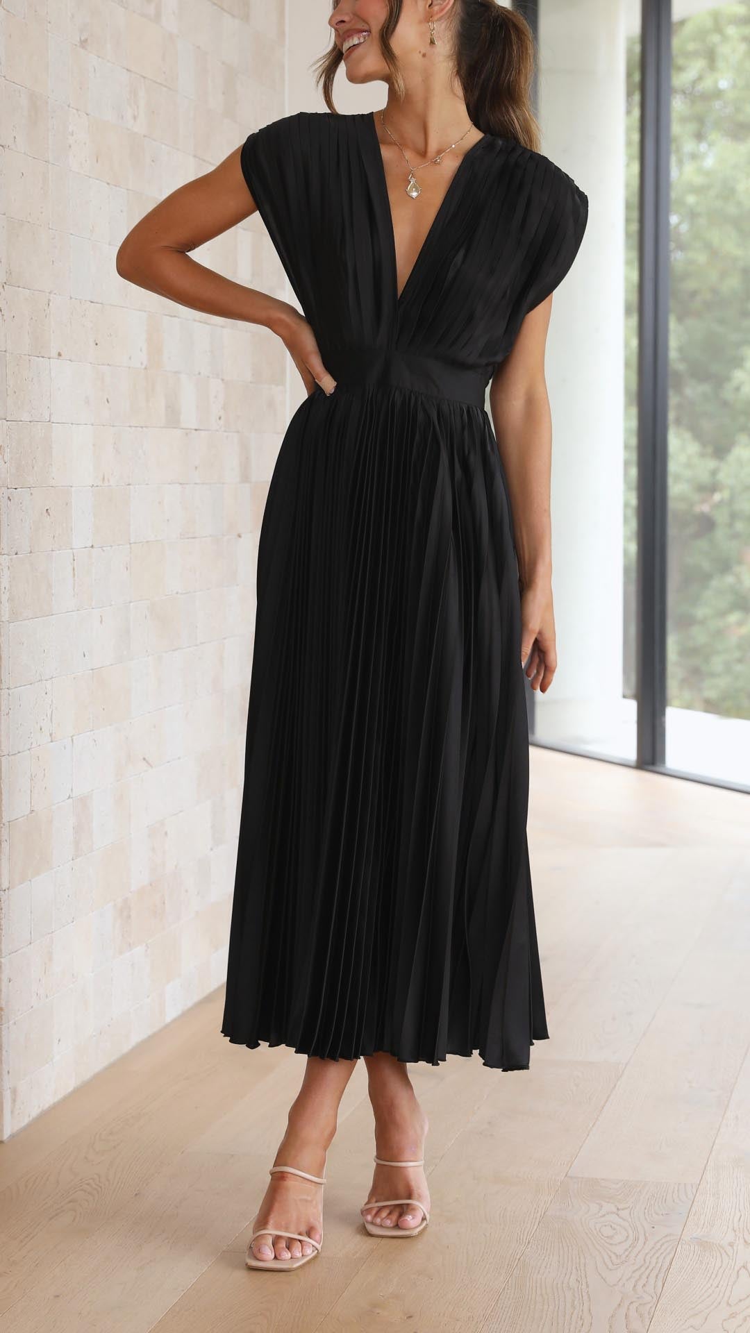 Women's Pleated Dress with Draped V-Neck and Flared High-Waist Skirt