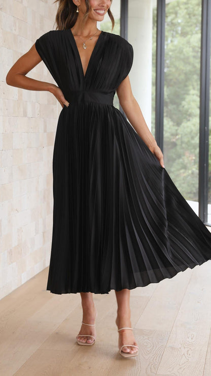 Women's Pleated Dress with Draped V-Neck and Flared High-Waist Skirt