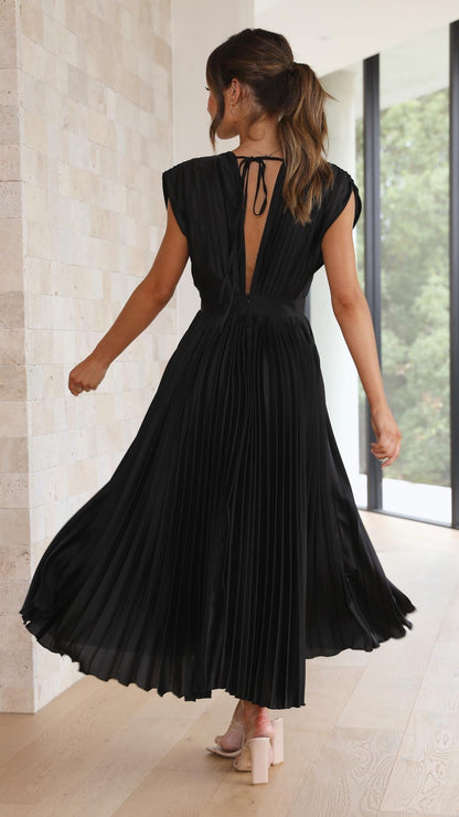 Women's Pleated Dress with Draped V-Neck and Flared High-Waist Skirt
