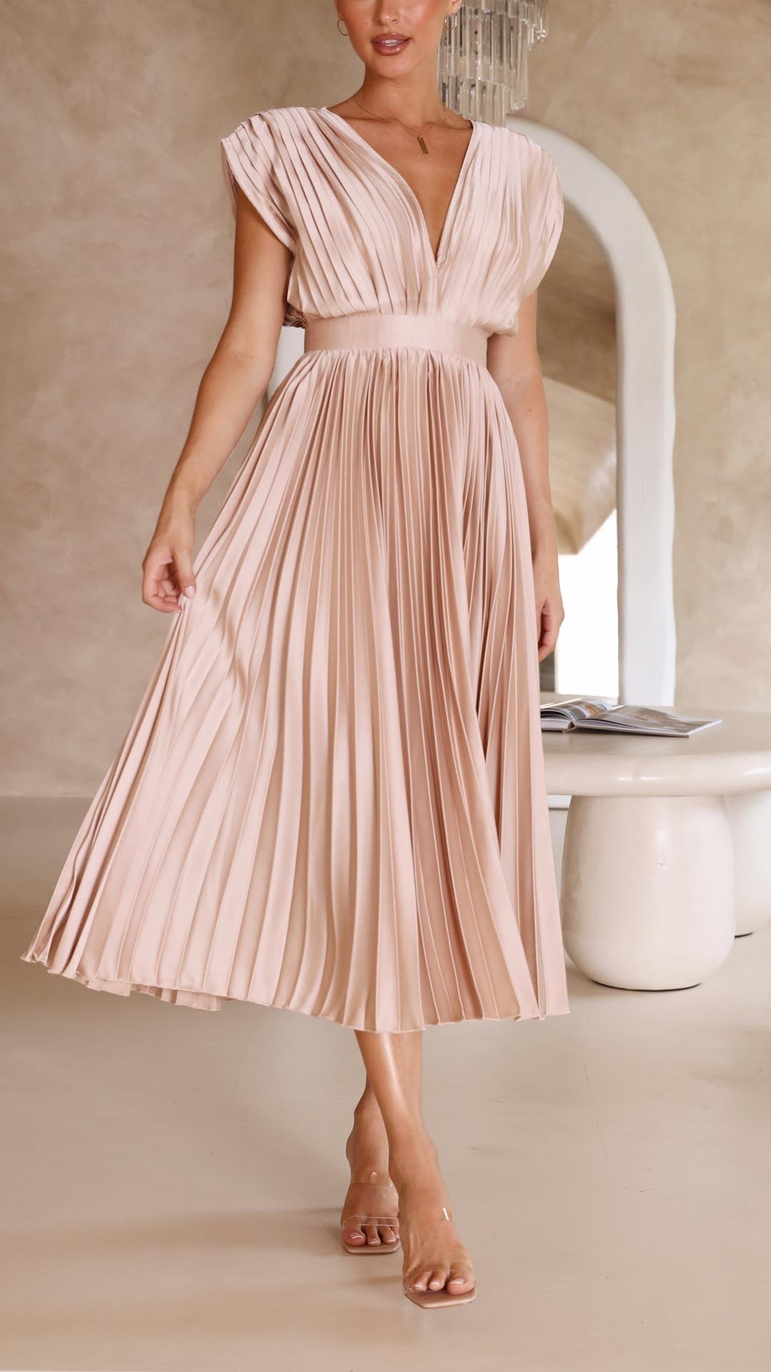Women's Pleated Dress with Draped V-Neck and Flared High-Waist Skirt