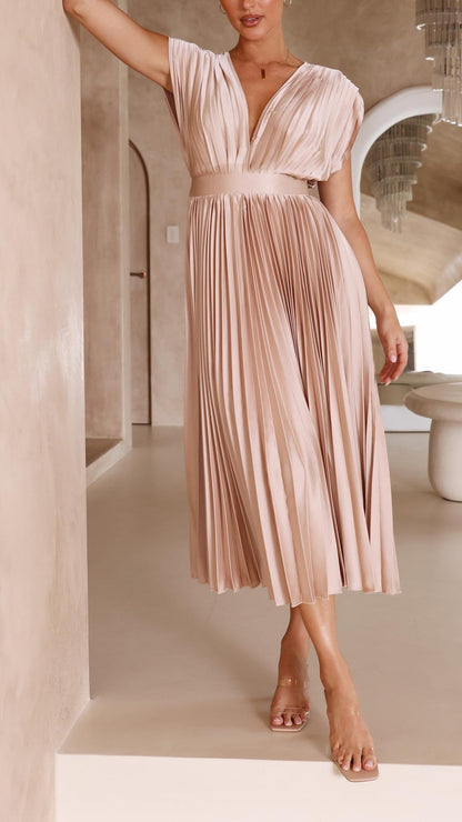 Women's Pleated Dress with Draped V-Neck and Flared High-Waist Skirt