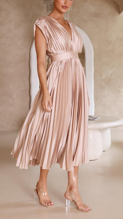 Women's Pleated Dress with Draped V-Neck and Flared High-Waist Skirt
