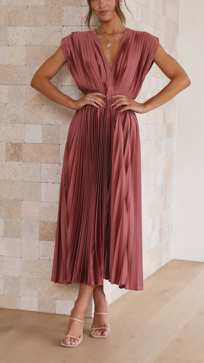 Women's Pleated Dress with Draped V-Neck and Flared High-Waist Skirt
