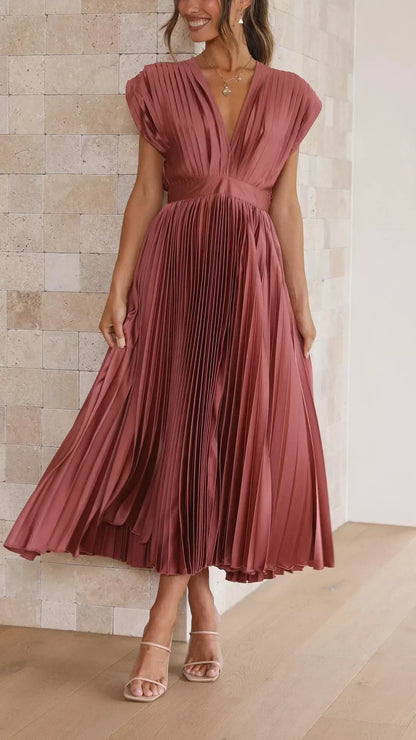 Women's Pleated Dress with Draped V-Neck and Flared High-Waist Skirt