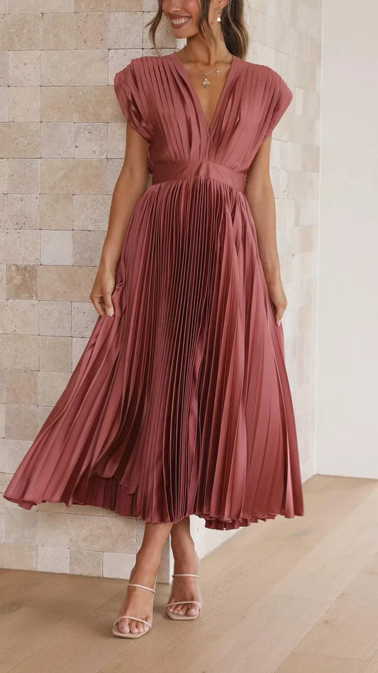 Women's Pleated Dress with Draped V-Neck and Flared High-Waist Skirt