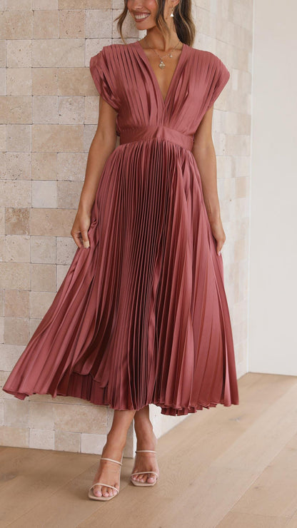 Women's Pleated Dress with Draped V-Neck and Flared High-Waist Skirt
