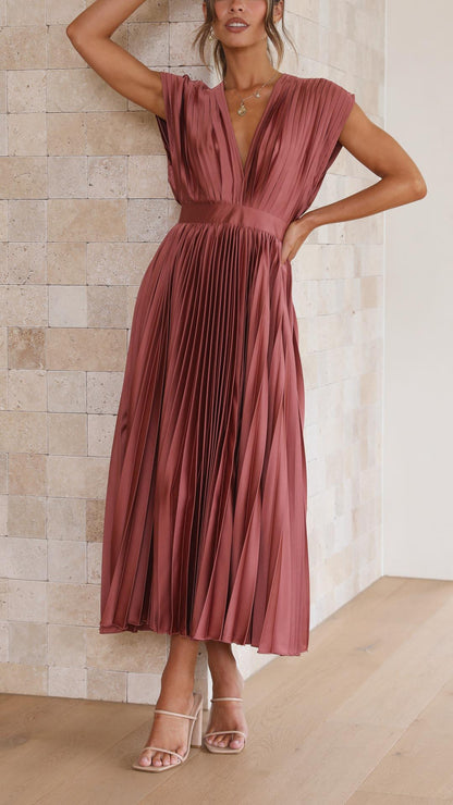 Women's Pleated Dress with Draped V-Neck and Flared High-Waist Skirt
