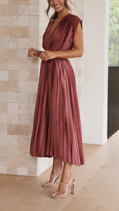 Women's Pleated Dress with Draped V-Neck and Flared High-Waist Skirt