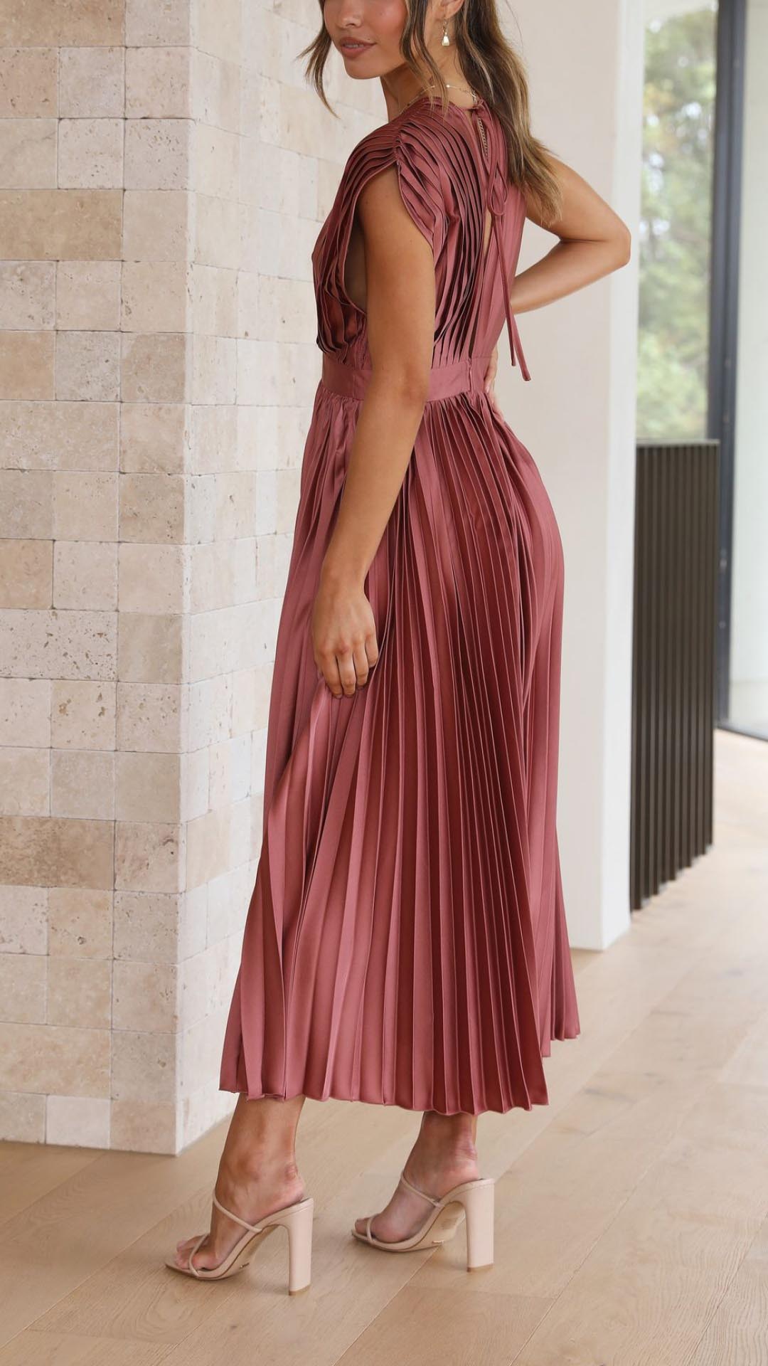 Women's Pleated Dress with Draped V-Neck and Flared High-Waist Skirt