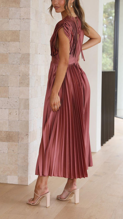 Women's Pleated Dress with Draped V-Neck and Flared High-Waist Skirt