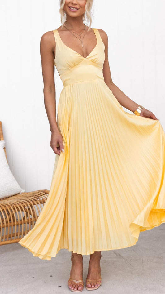 Vestido largo de verano para mujer plisado con escote en V y espalda cruzada – Estilo veraniego