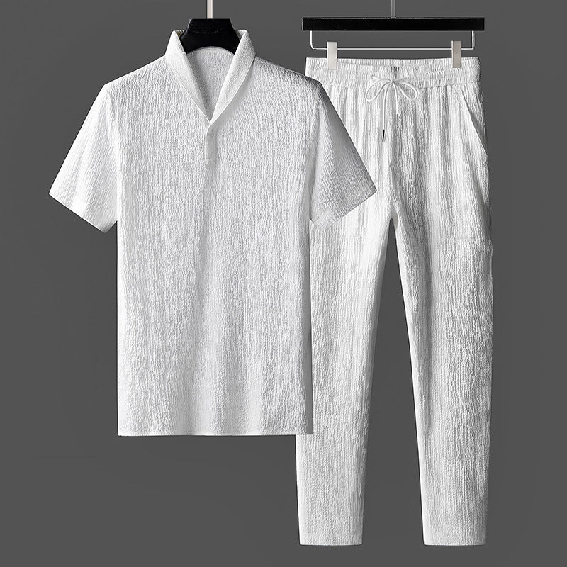 Men's Summer Loungewear Set with Short-Sleeve Top, Shawl Collar, and Matching Pants