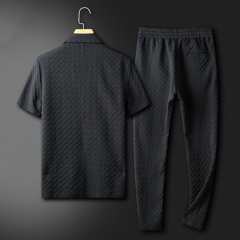 Men's Loungewear Set with Mandarin Collar, Button-Up Shirt, Wide-Fit Pants with Pockets