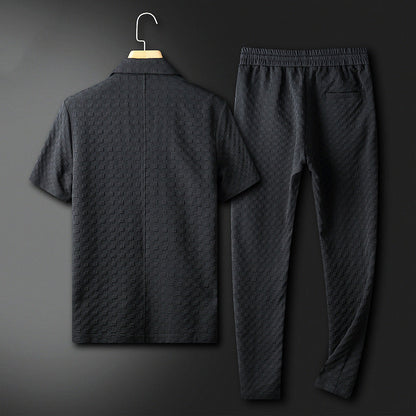 Men's Loungewear Set with Mandarin Collar, Button-Up Shirt, Wide-Fit Pants with Pockets