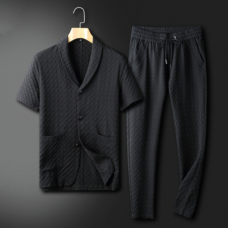 Men's Loungewear Set with Mandarin Collar, Button-Up Shirt, Wide-Fit Pants with Pockets