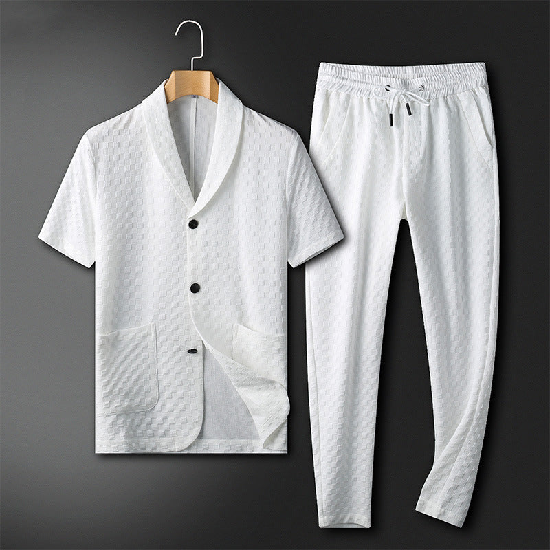 Men's Loungewear Set with Mandarin Collar, Button-Up Shirt, Wide-Fit Pants with Pockets