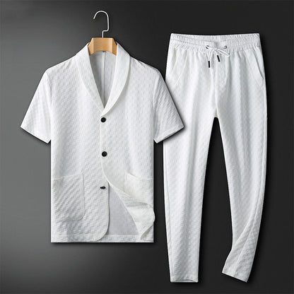 Men's Loungewear Set with Mandarin Collar, Button-Up Shirt, Wide-Fit Pants with Pockets
