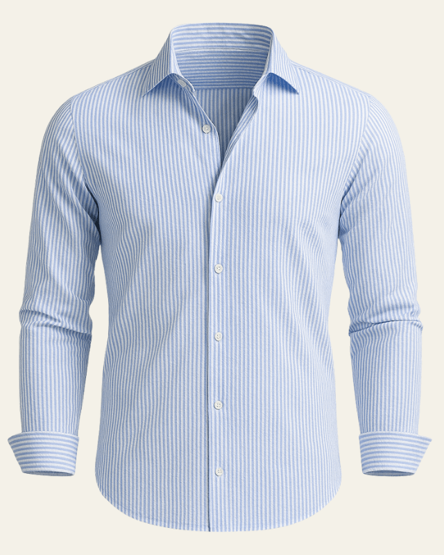 Men's striped seersucker shirt with a lapel collar and long sleeves