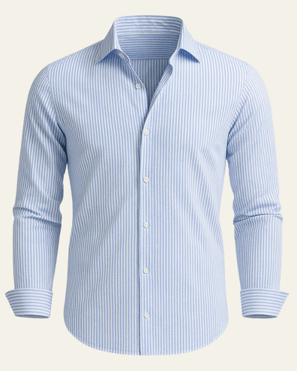 Men's striped seersucker shirt with a lapel collar and long sleeves