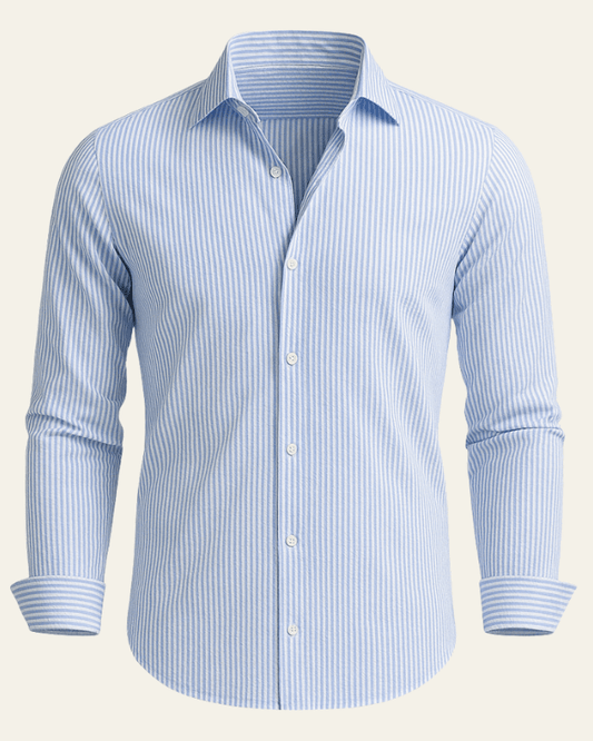 Men's striped seersucker shirt with a lapel collar and long sleeves