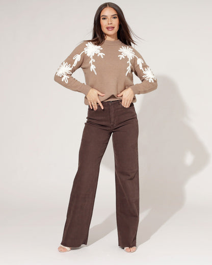 Women's Wide-Leg Jeans with High Waist and Raw Hem Dark Brown