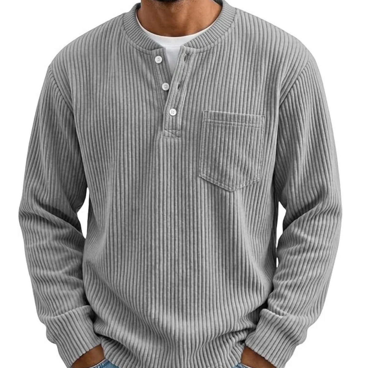 Camisa henley de hombre acanalada con cuello abotonado, bolsillo en el pecho y mangas largas.