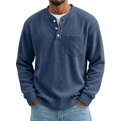 Camisa henley de hombre acanalada con cuello abotonado, bolsillo en el pecho y mangas largas.