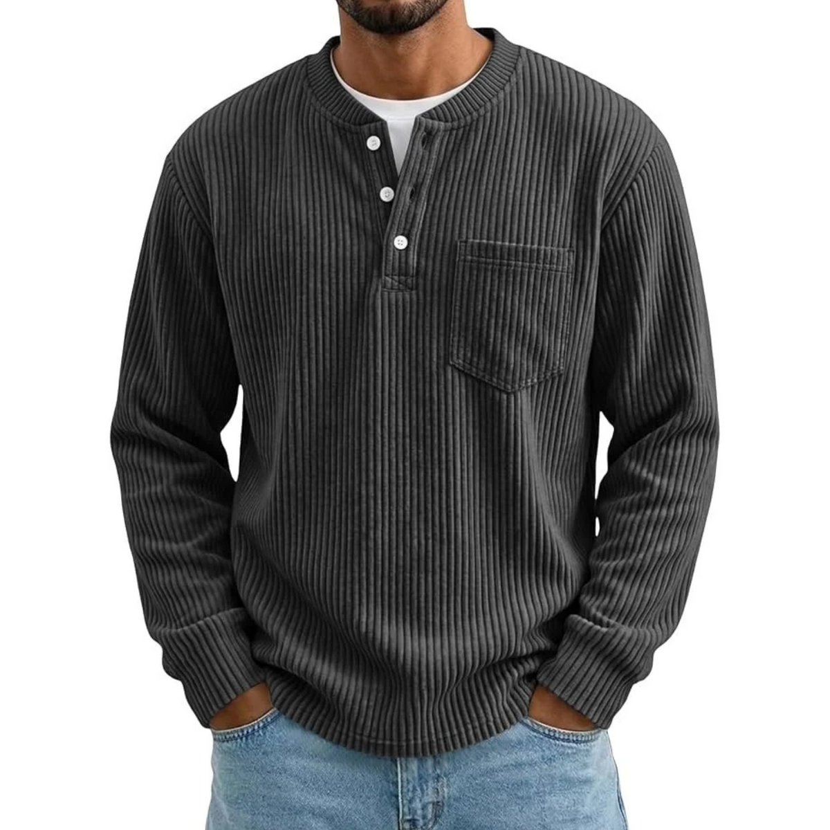 Camisa henley de hombre acanalada con cuello abotonado, bolsillo en el pecho y mangas largas.